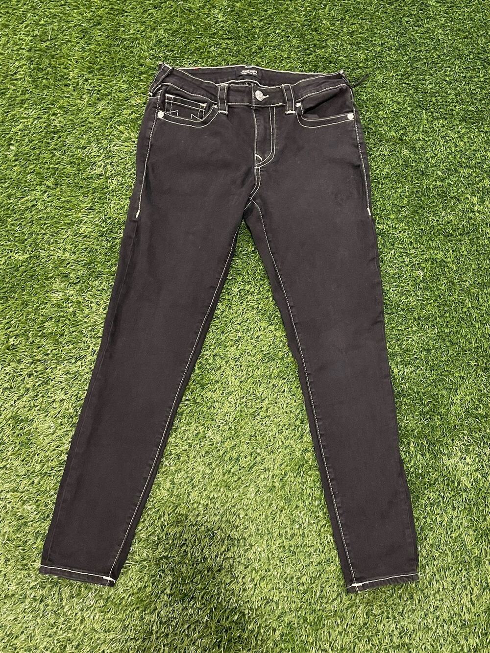 True Religion Jennie Curvy Mid Rise Super Skinny Black White Stitch Jeans W30